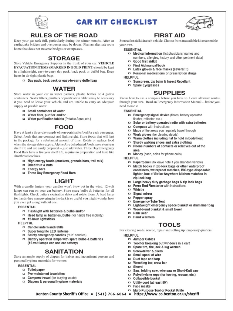 Car Kit Checklist Rules of The Road First Aid PDF Flashlight Foods