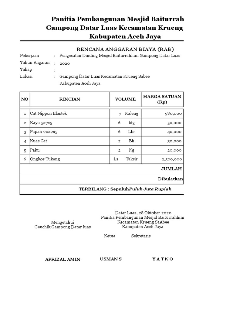 RAB dan LPJ Pembangunan Mesjid 2020 | PDF