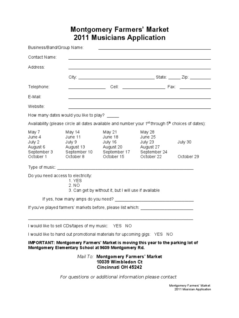 2011 Montgomery Farmers' Market Musician Application | PDF