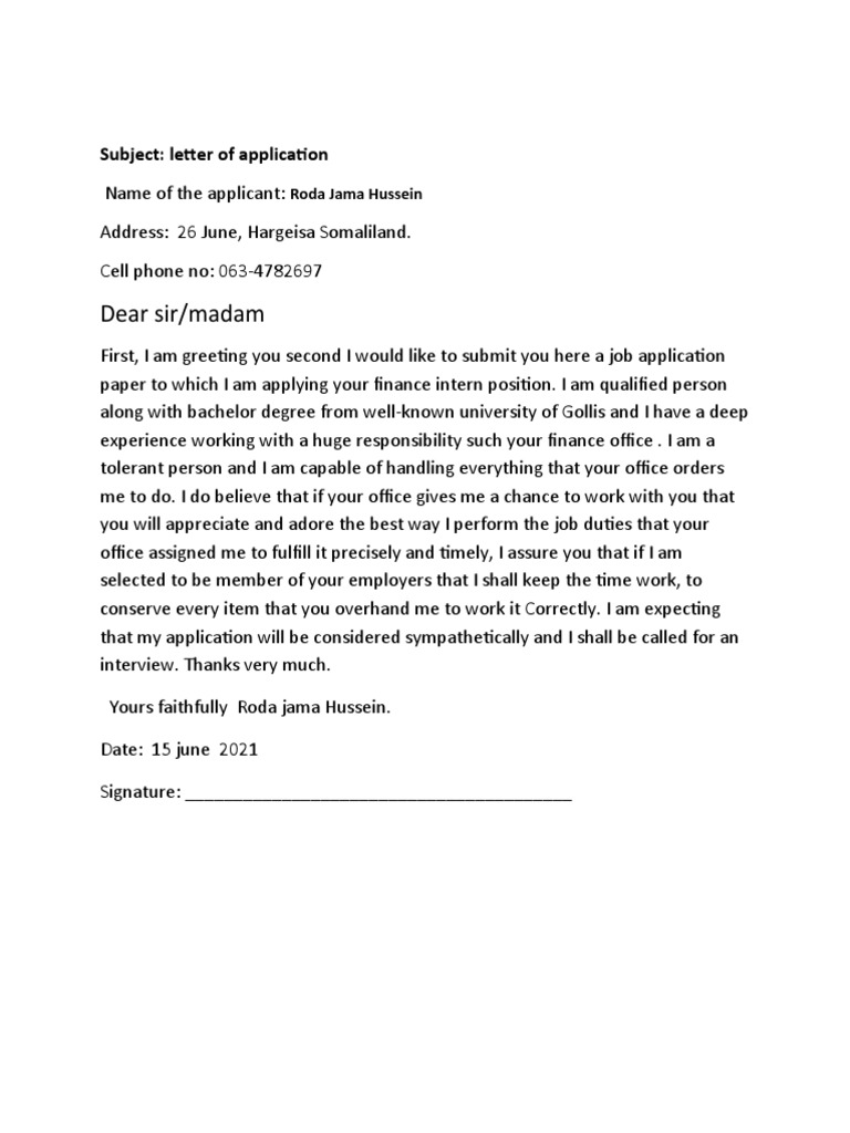 Dear Sir/madam: Subject: Letter of Application | PDF