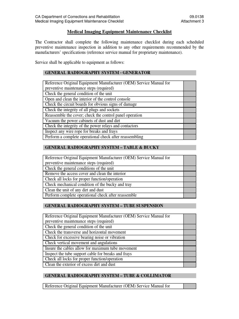 Medical Imaging Equipment Maintenance Checklist | PDF | Radiography ...