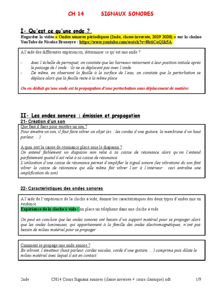 Emission Et Perception D un Son Seconde Exercices Corrigés CH14 Cours Signaux Sonore | PDF | Son | Fréquence