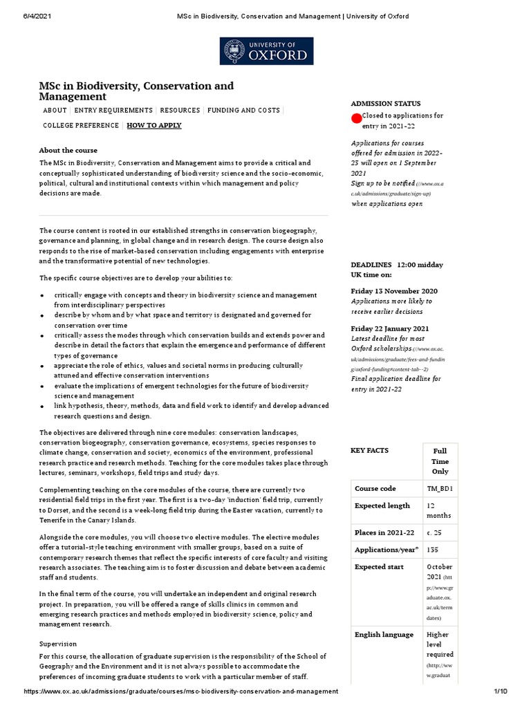 Msc In Biodiversity Conservation And Management University Of Oxford