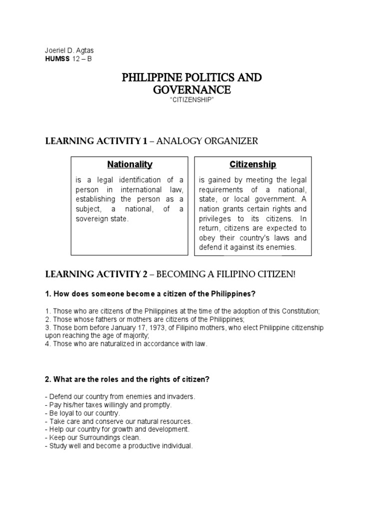 Philippine Politics and Governance Citizenship | PDF | Citizenship ...