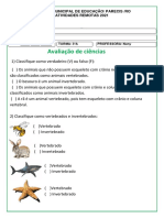 Avaliação de ciências sobre animais vertebrados e invertebrados para alunos de Parecis/RO