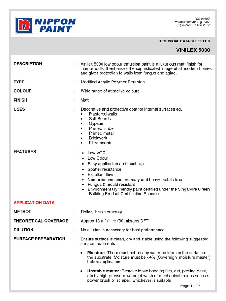 Vinilex 5000 Technical Data Sheet | PDF | Paint | Materials