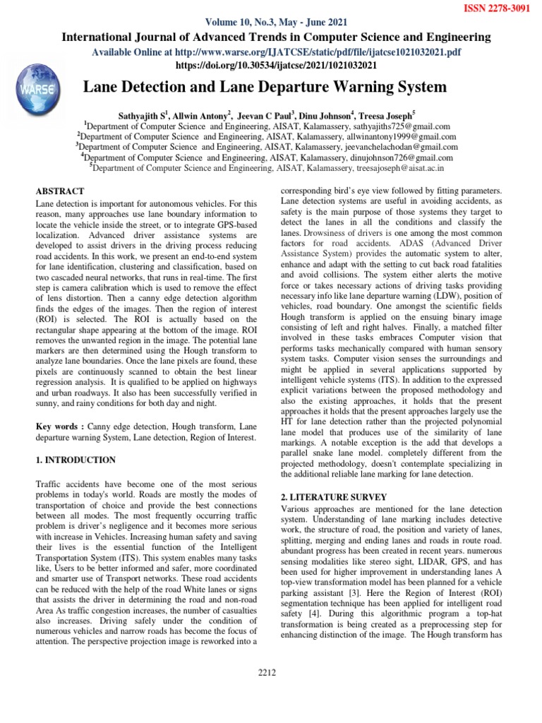 Lane Detection and Lane Departure Warning System | PDF | Computer ...