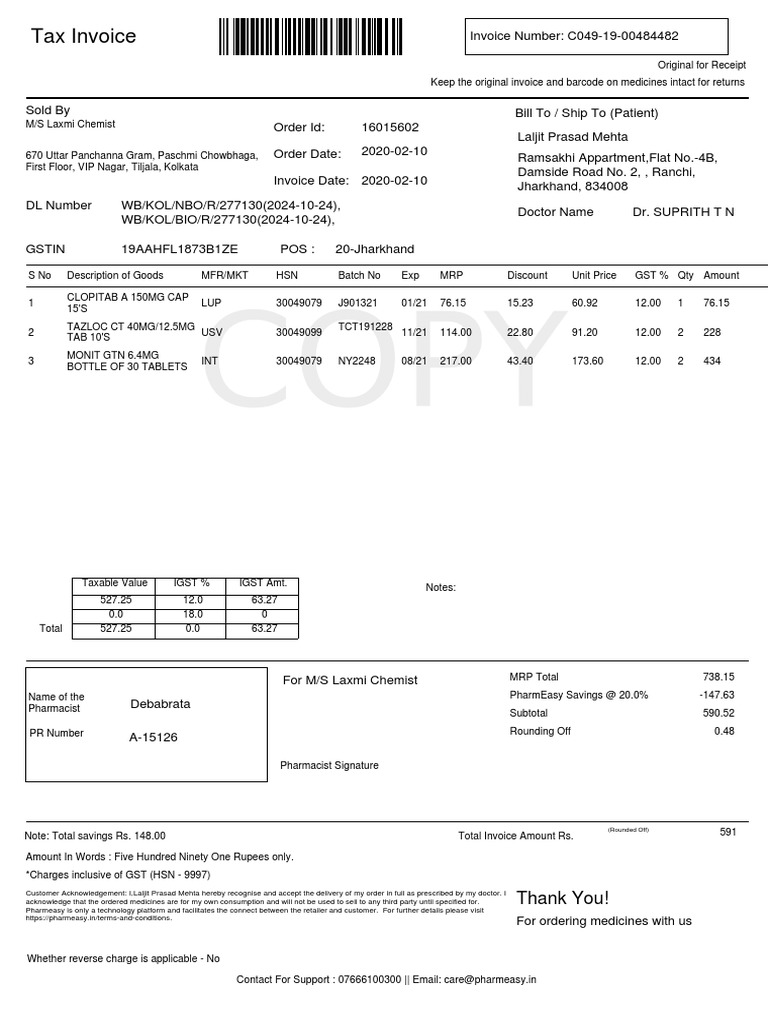 Invoice for Medicine Purchase | PDF | Invoice | Taxation