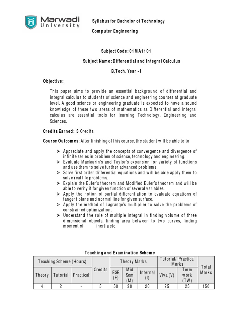 01ma1101 Differential and Integral Calculus PDF Calculus Integral