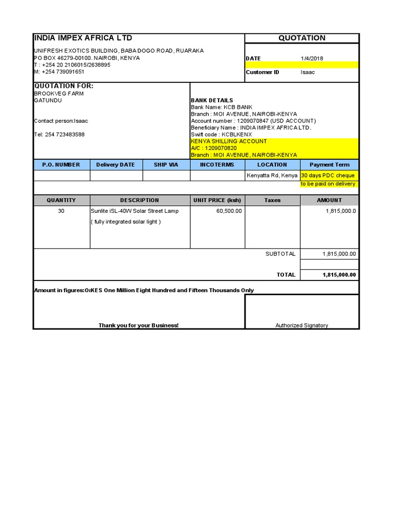 India Impex Africa LTD: Quotation | PDF