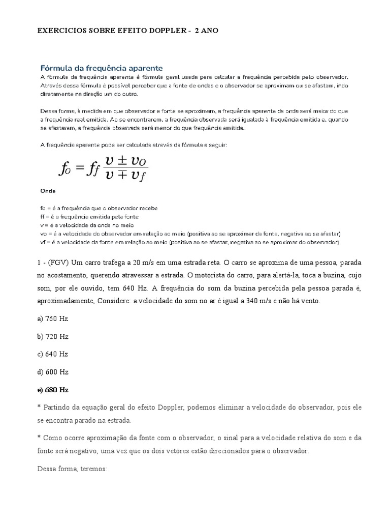 Exercicios Sobre Efeito Doppler 2 Ano | PDF | Efeito Doppler | Som