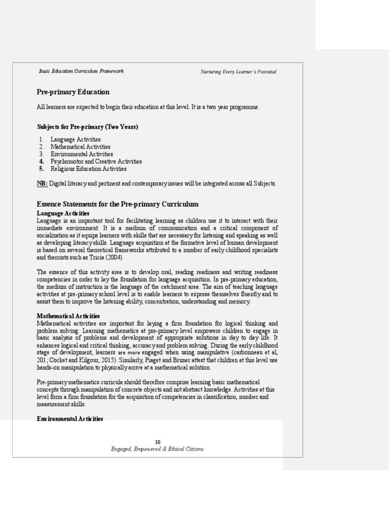 Pre primary education basic education curriculum framework pdf