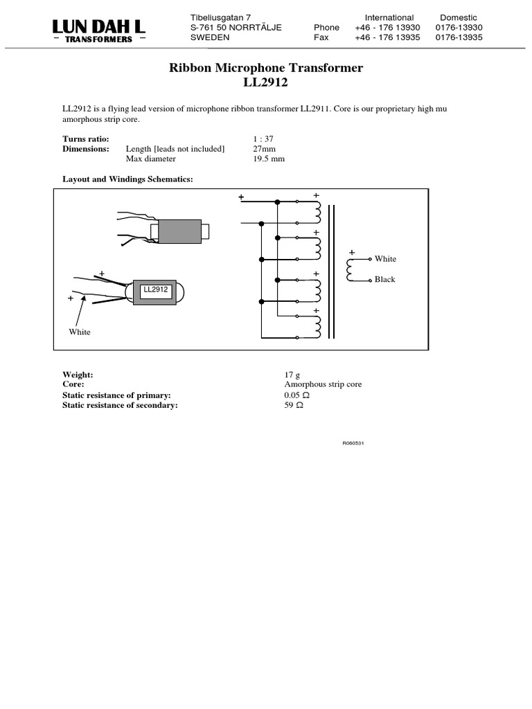 Ribbon Microphone Transformer Specification Sheet Providing Technical