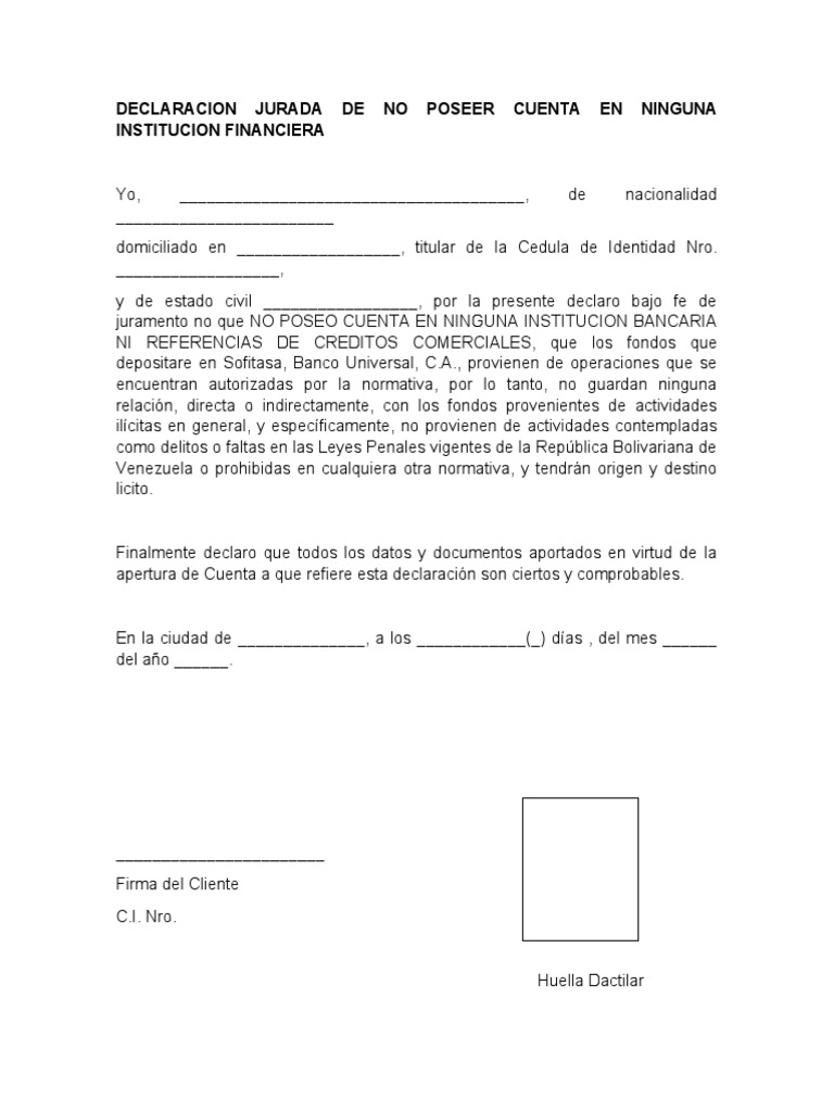 Declaracion Jurada de No Poseer Cuenta en Ninguna Institucion ...