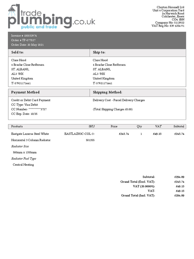 Sold To: Ship To:: Order # TP-077027 Order Date: 20 May 2021 Invoice ...