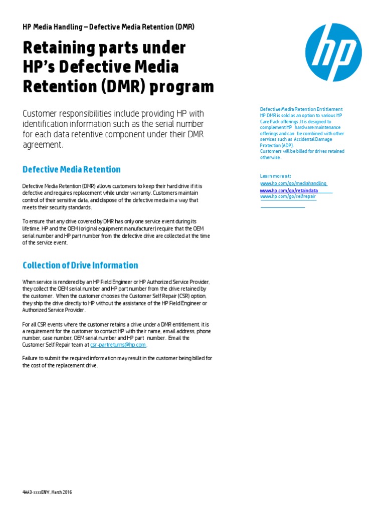 Retaining Parts Under HP's Defective Media Retention (DMR) Program ...