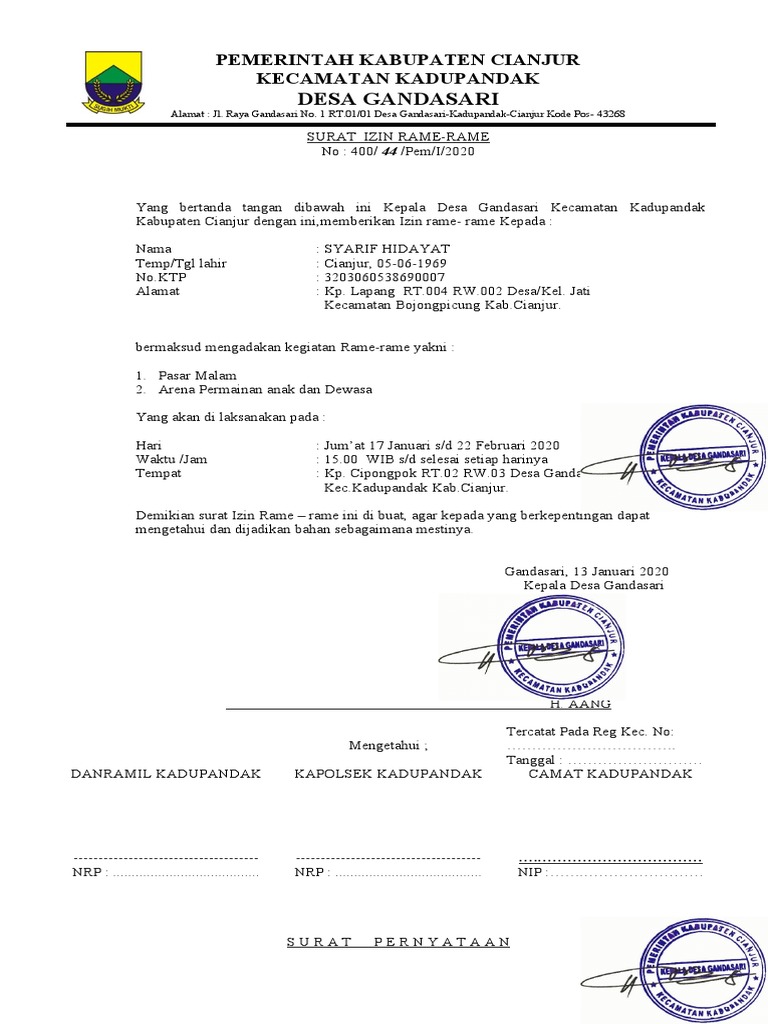 Surat Izin Rame-Rame Desa Gandasari | PDF