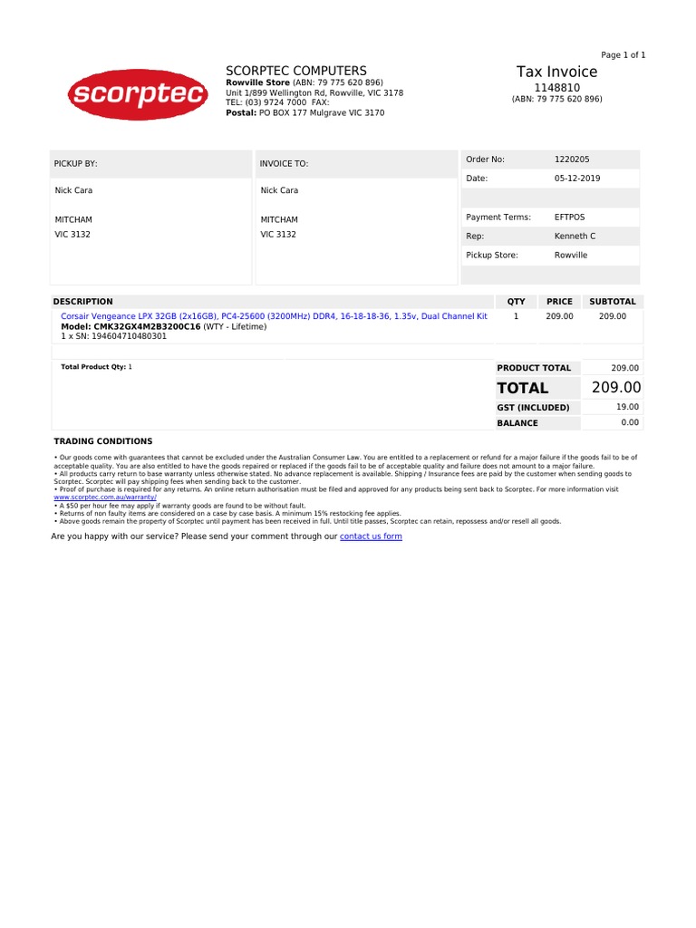 Tax Invoice: Scorptec Computers | PDF | Fee | Payments
