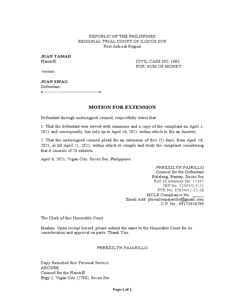 Motion for Extension in Civil Case 1003 | PDF | Law