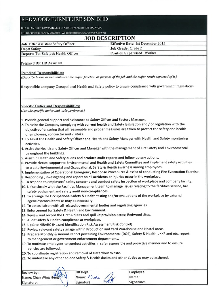 JD Safety Assistant Safety Officer PDF