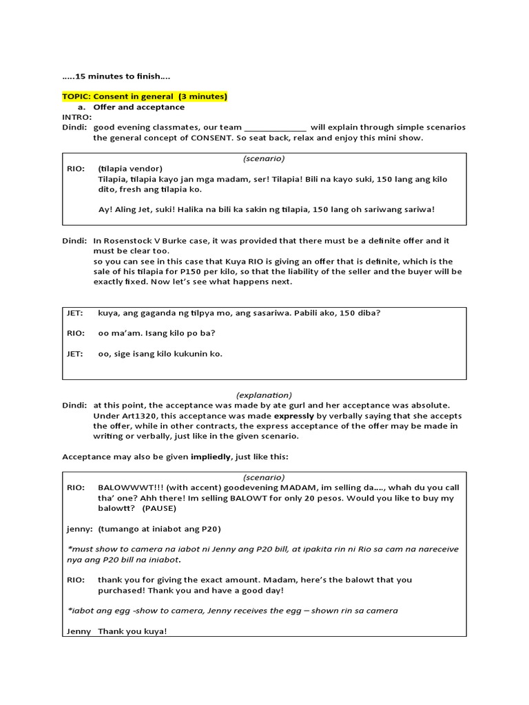 ..15 Minutes To Finish . TOPIC: Consent in General (3 Minutes) A. Offer ...
