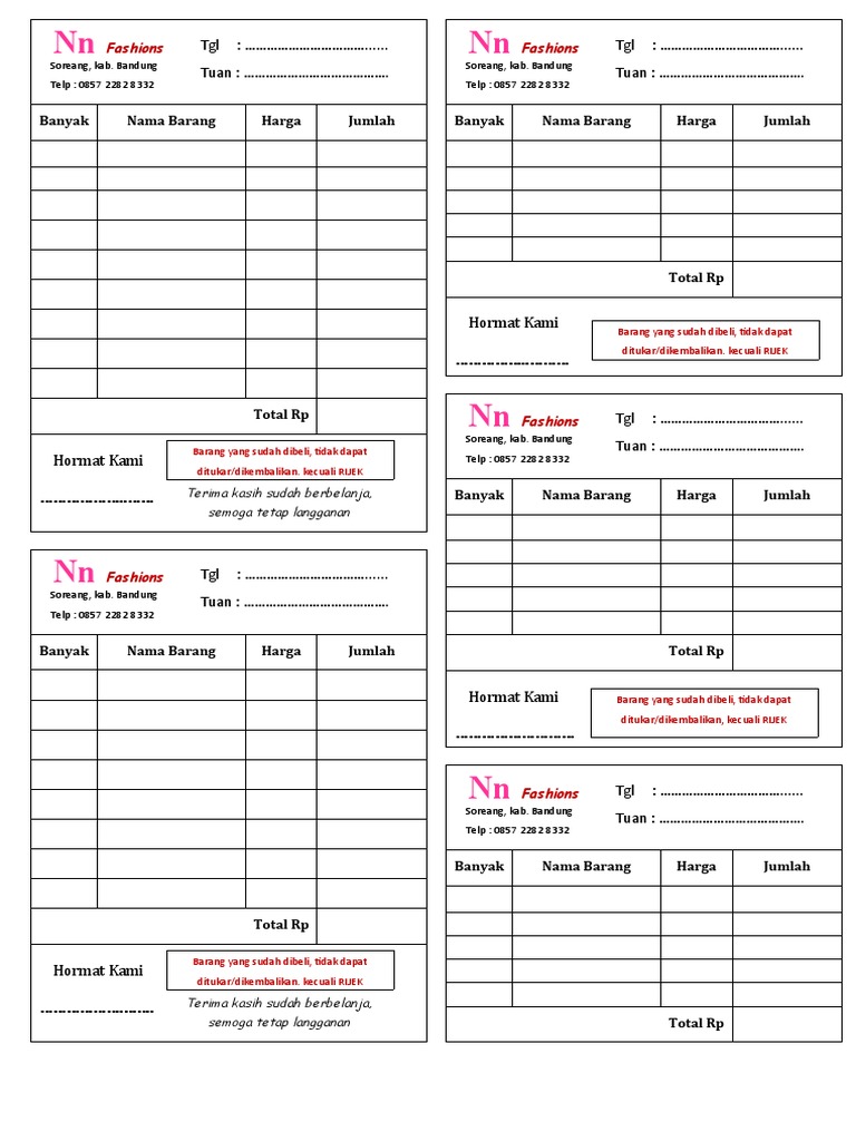 Contoh Nota Pembelian Toko Fashions | PDF