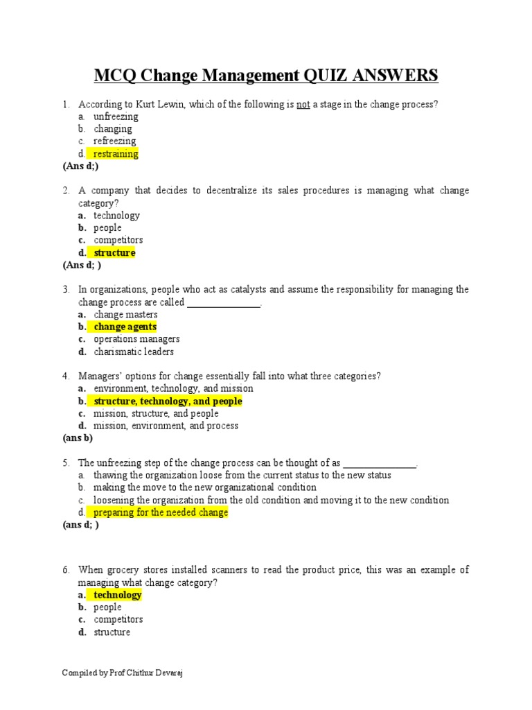 Change Management Quiz Answers | PDF | Knowledge Management | Leadership