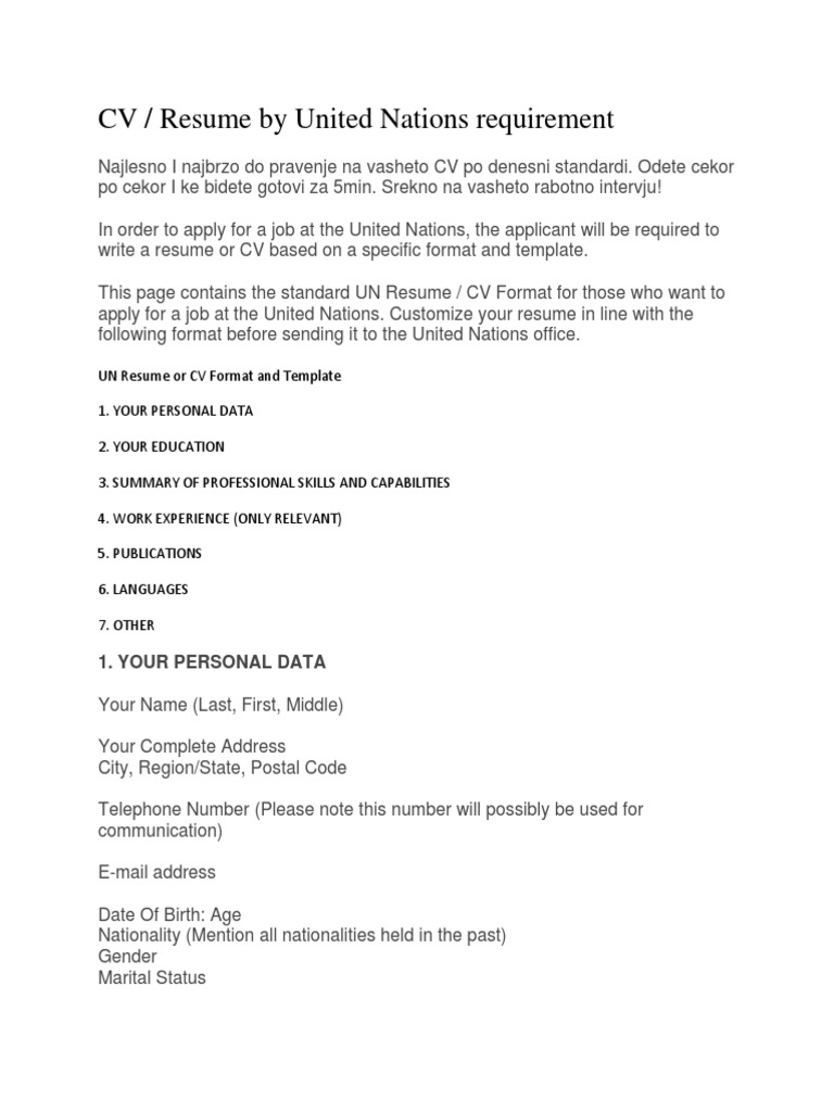 UN CV Format and Guidelines | PDF | Résumé | Computing