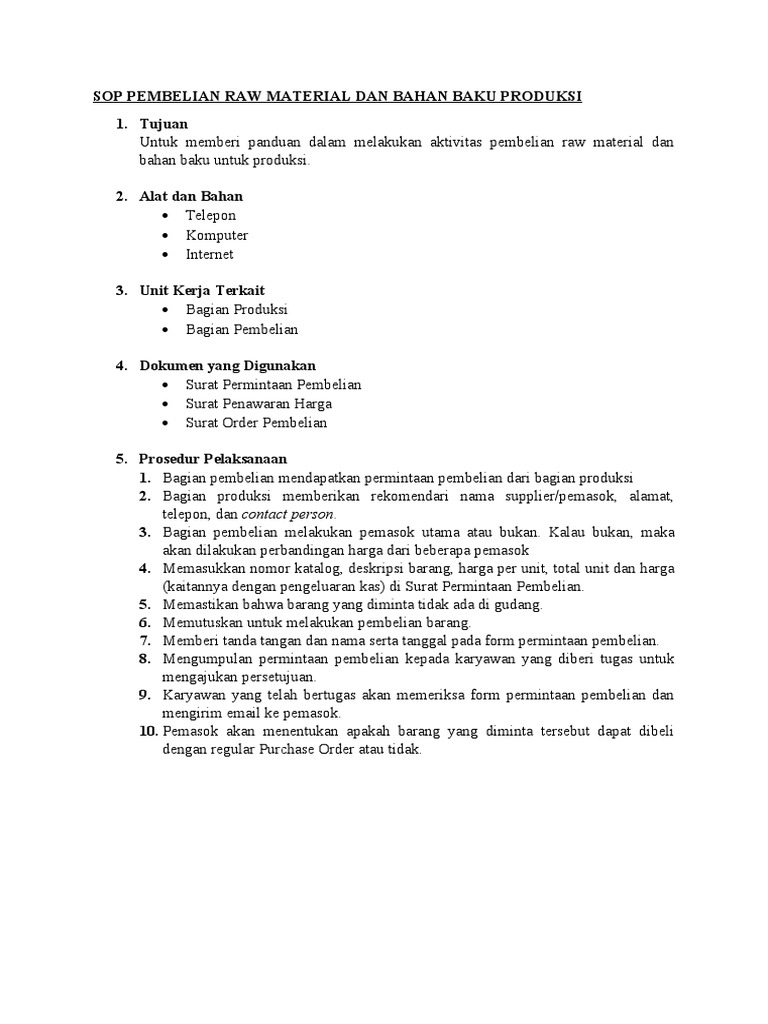 Sop Pembelian Raw Material Dan Bahan Baku Produksi PDF