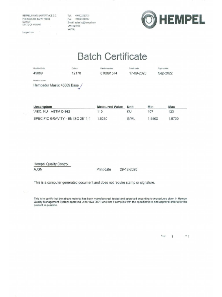 Paint Batch Certificate 2 | PDF