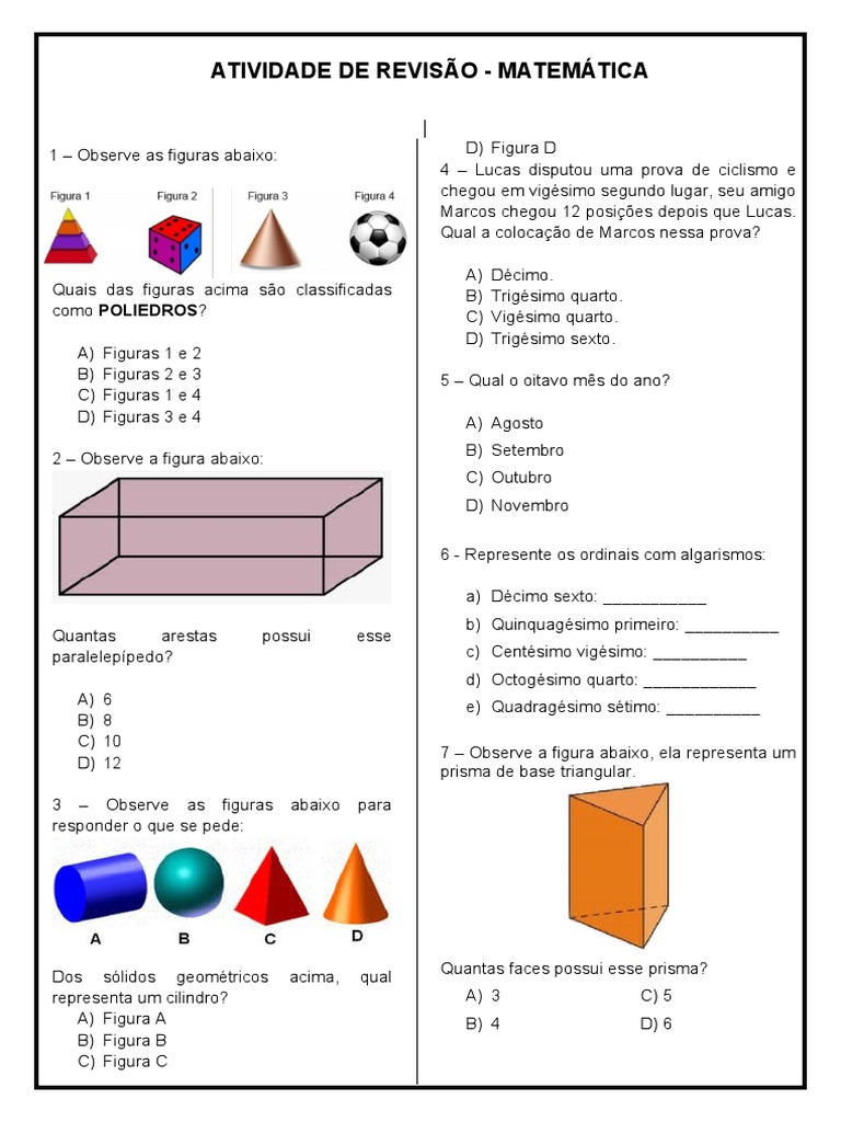 Atividades de Geometria para 4º Ano | PDF | Espaços topológicos ...