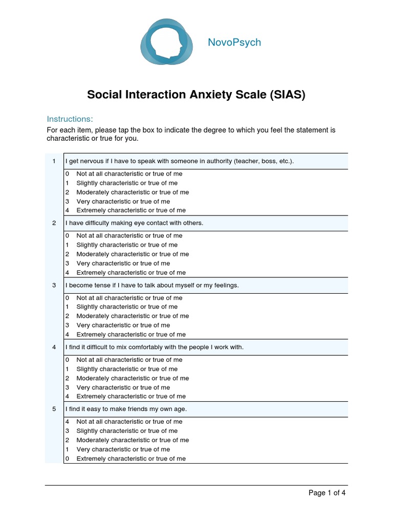 Social Interaction Anxiety Scale (Sias) : Novopsych | PDF | Psychiatry ...