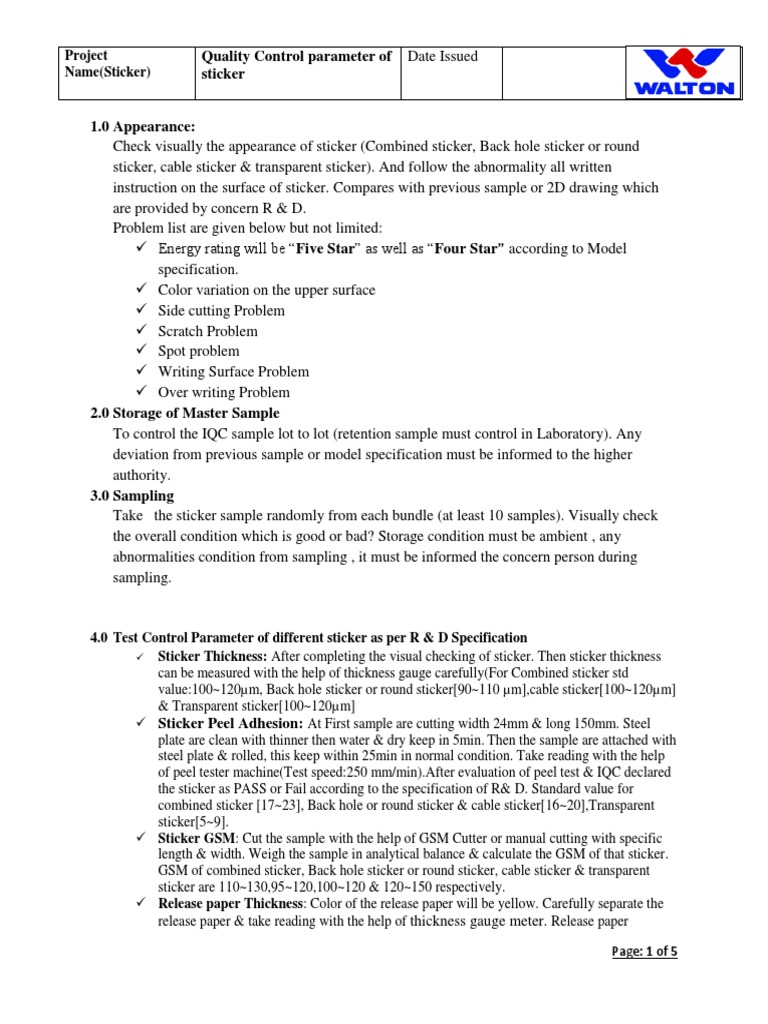 Quality Control Parameter of Sticker | PDF | Adhesion | Reliability ...