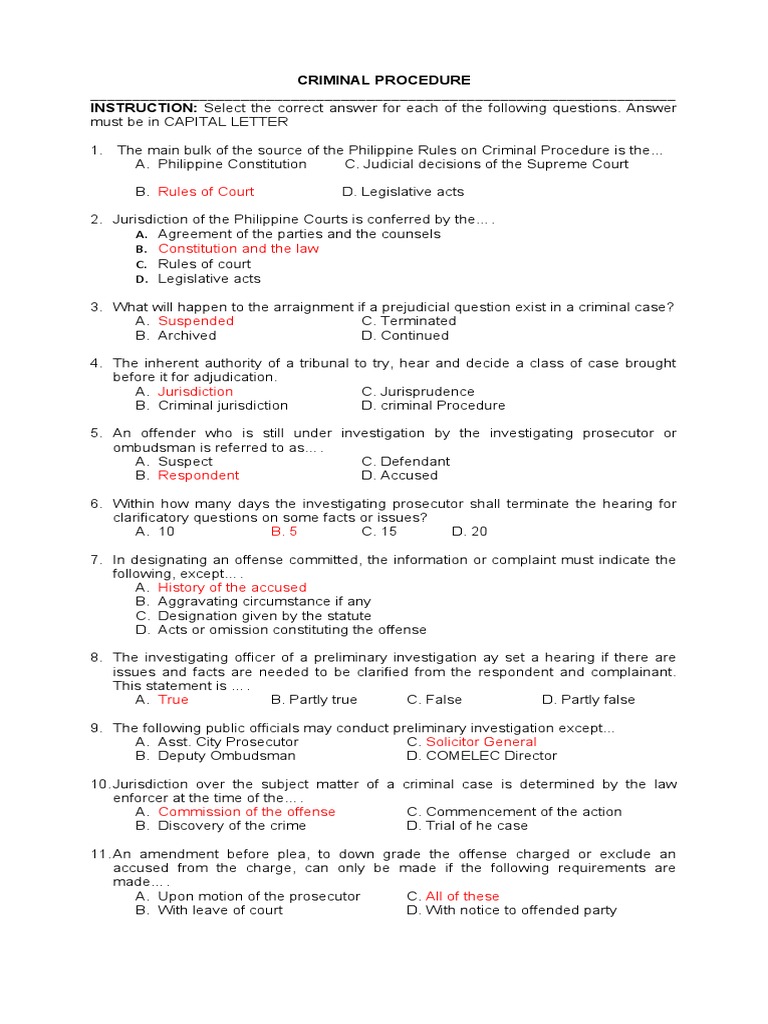 Rules of court criminal procedure instruction select the correct