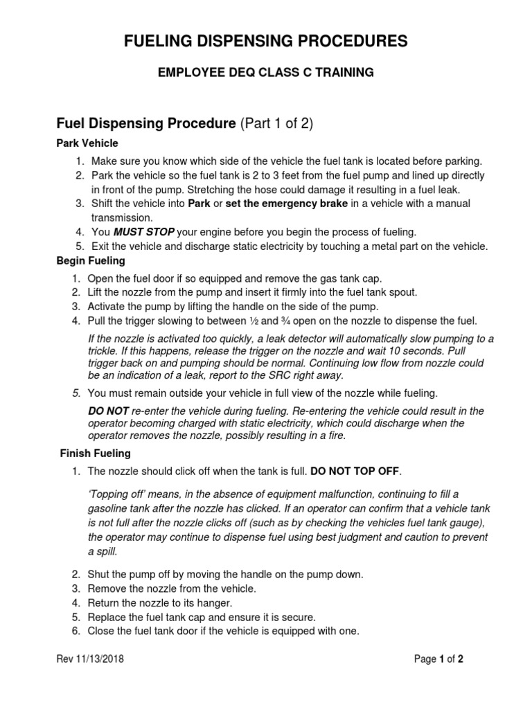 Fuel Dispensing Procedure Final PDF Vehicles Pump