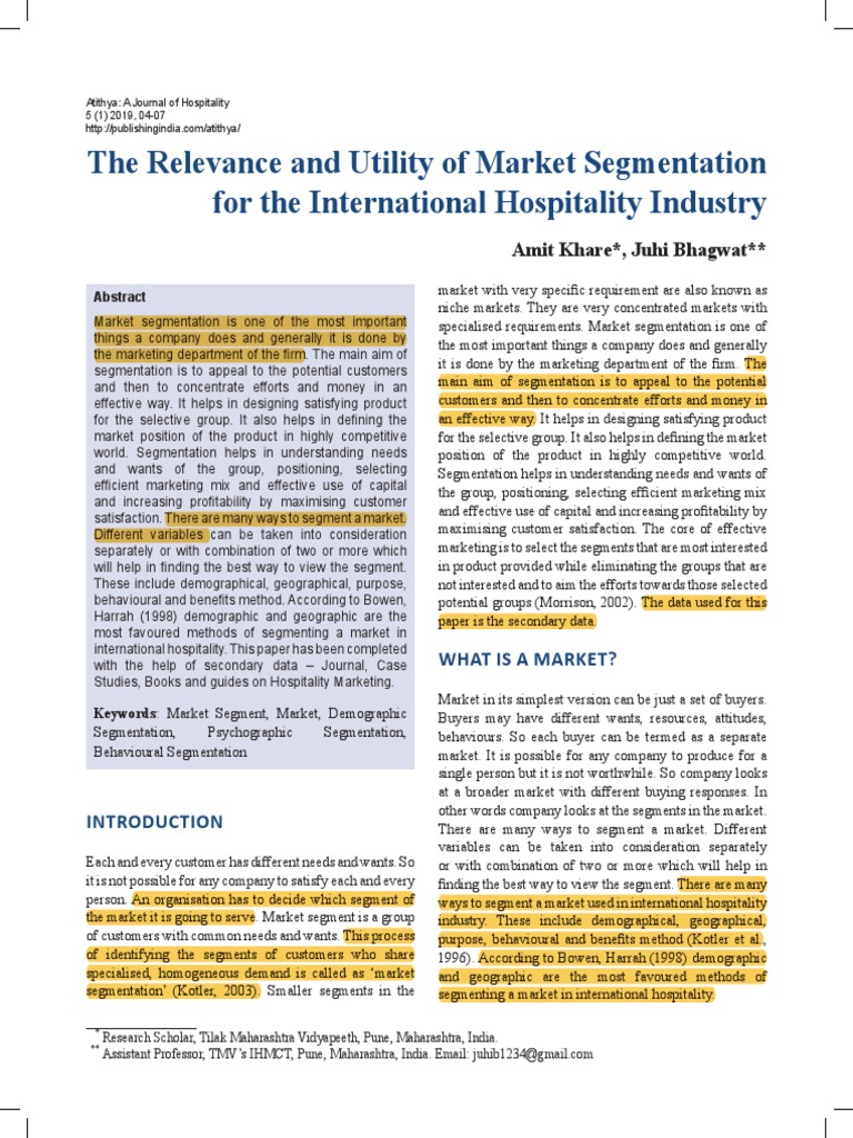 The Relevance and Utility of Market Segmentation for the International