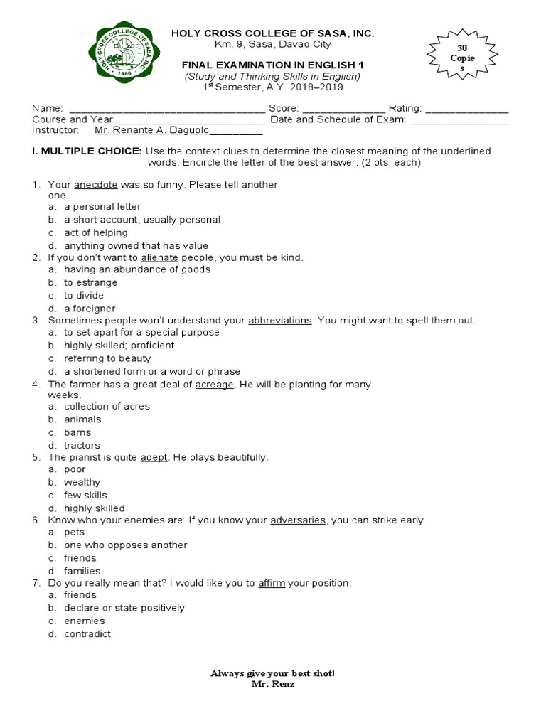 English 1 Final Exam Review Guide | PDF | Psychology | Cognition