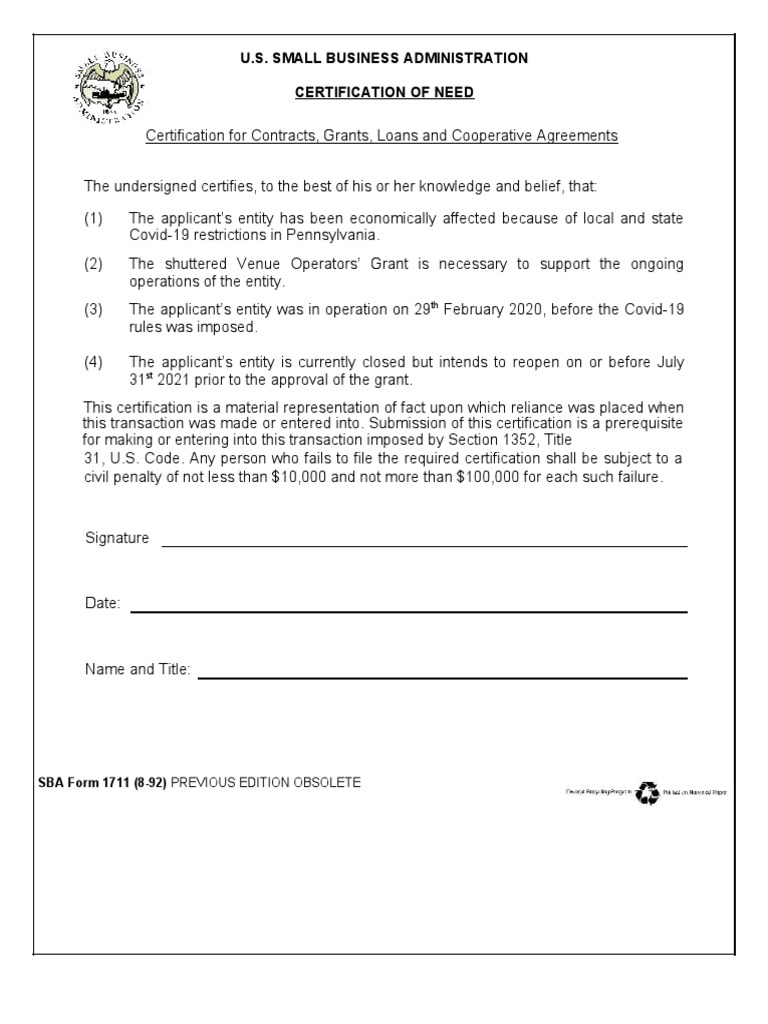 SBA Certification for COVID-19 Grants | PDF