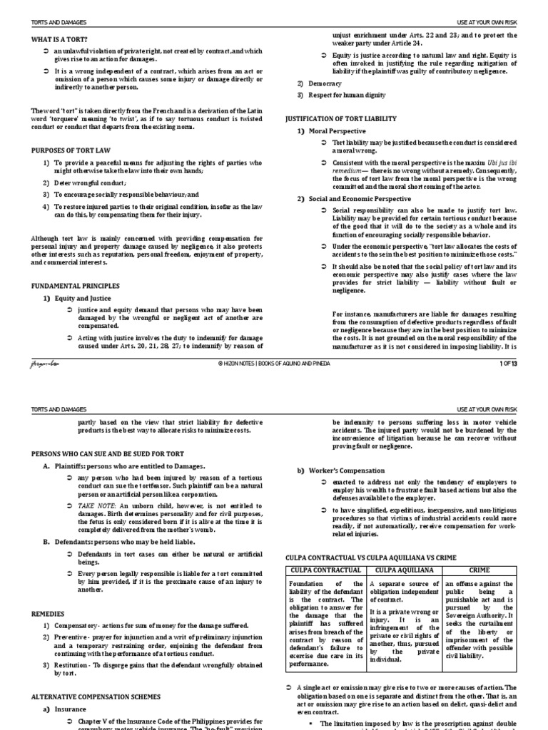 TORTS AND DAMAGES Reviewer | PDF | Negligence | Tort
