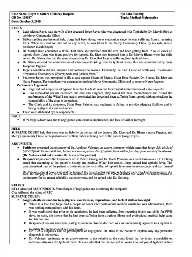 PDF 17 Reyes V Sisters of Mercy Hospital Digestdocx DD PDF