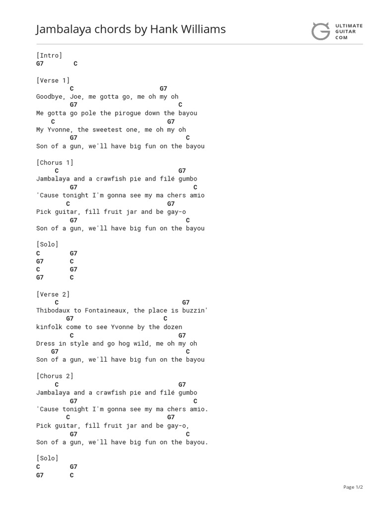 Jambalaya Chords by Hank Williams Ultimate Guitar COM PDF