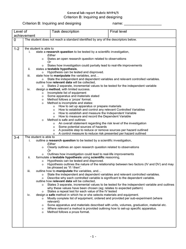 MYP Lab Report Rubric: Inquiry & Design | PDF | Dependent And ...