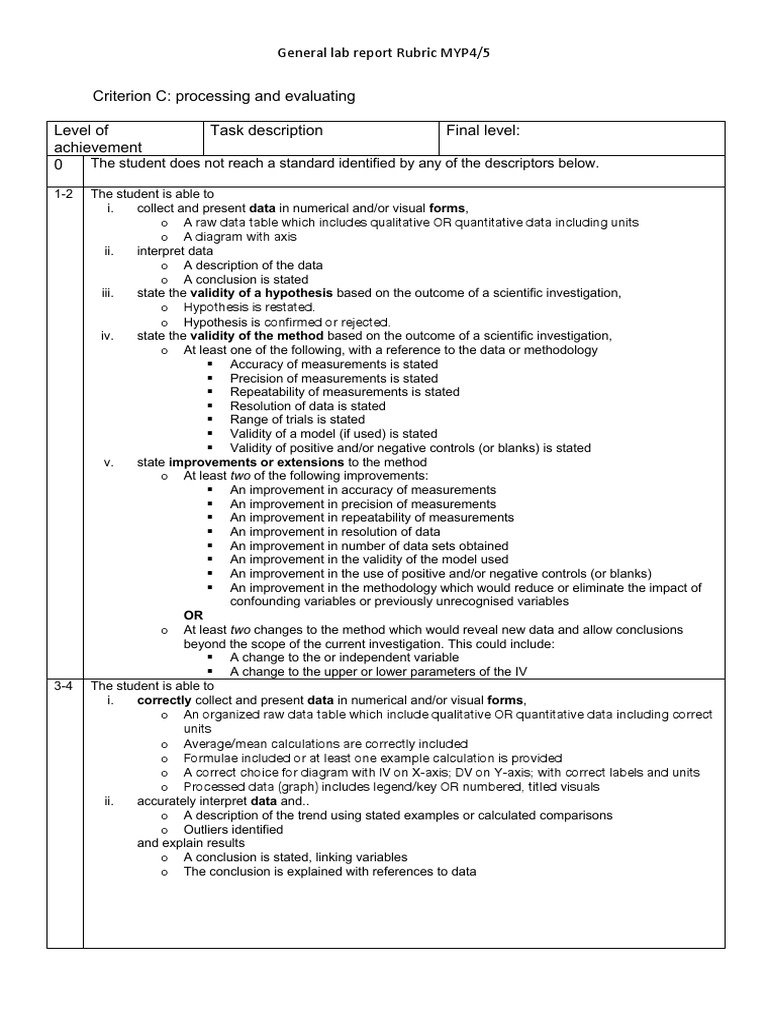 MYP Lab Report Evaluation Rubric | PDF | Accuracy And Precision ...