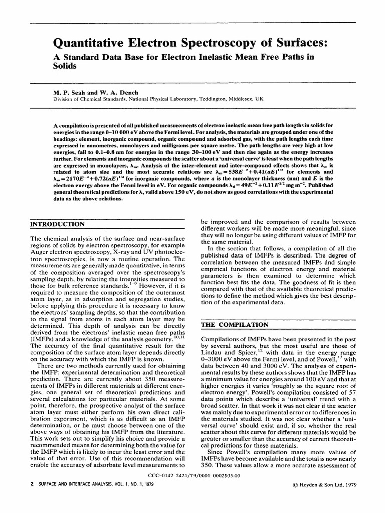 Lab 1 IMFP Equations Paper PDF X Ray Photoelectron Spectroscopy