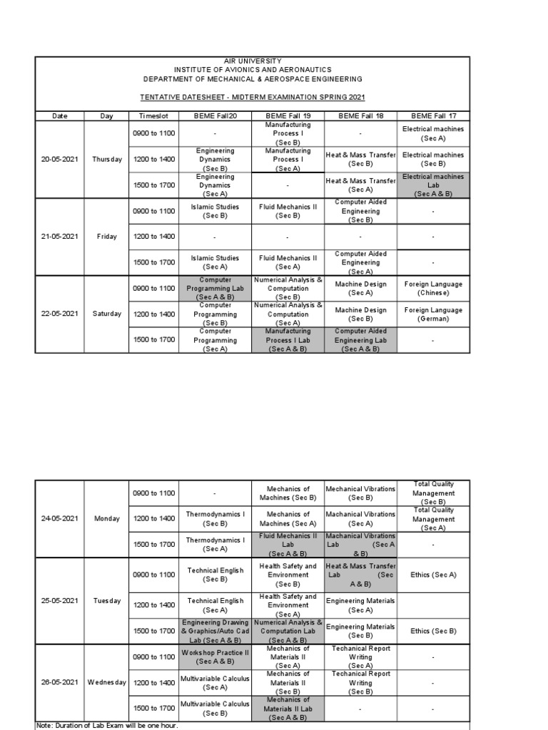 Midterm Exam Schedule Spring 2021 | PDF | Mechanical Engineering ...