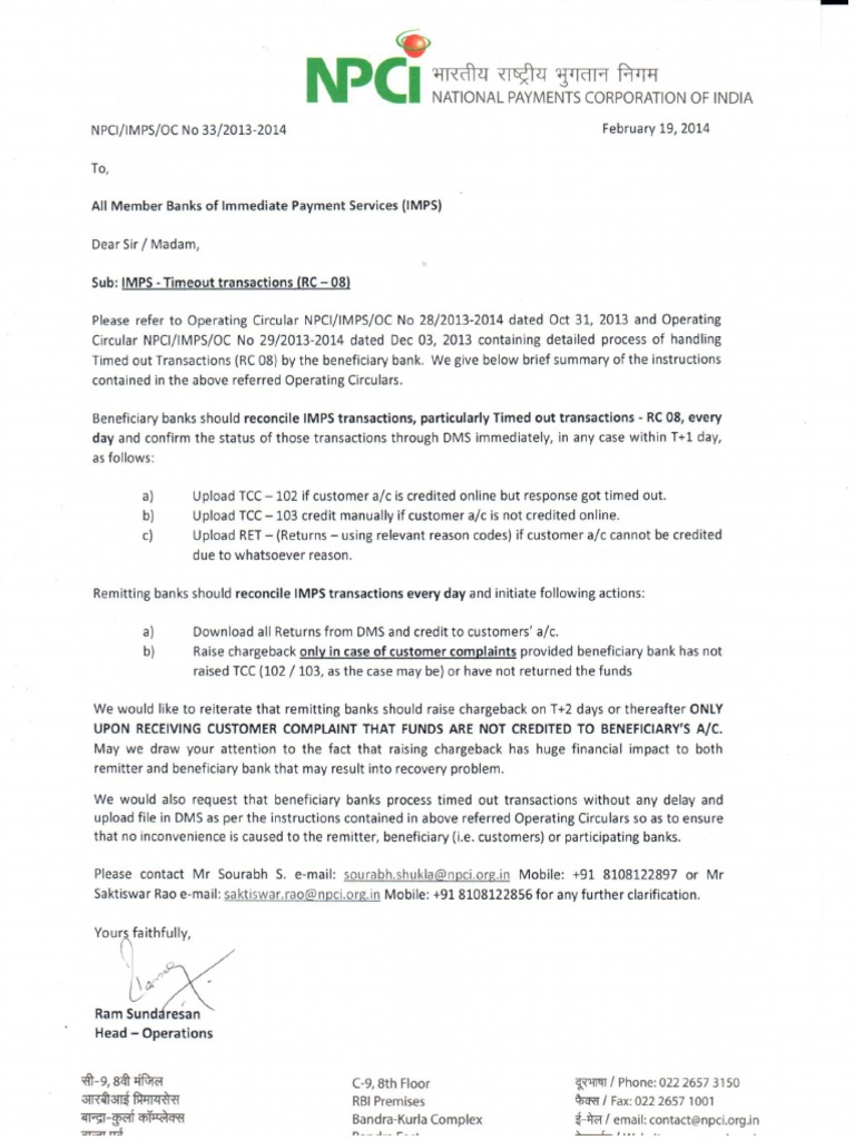 IMPS Circular 33 IMPS Timed Out Transaction RC 08 Best Practices PDF