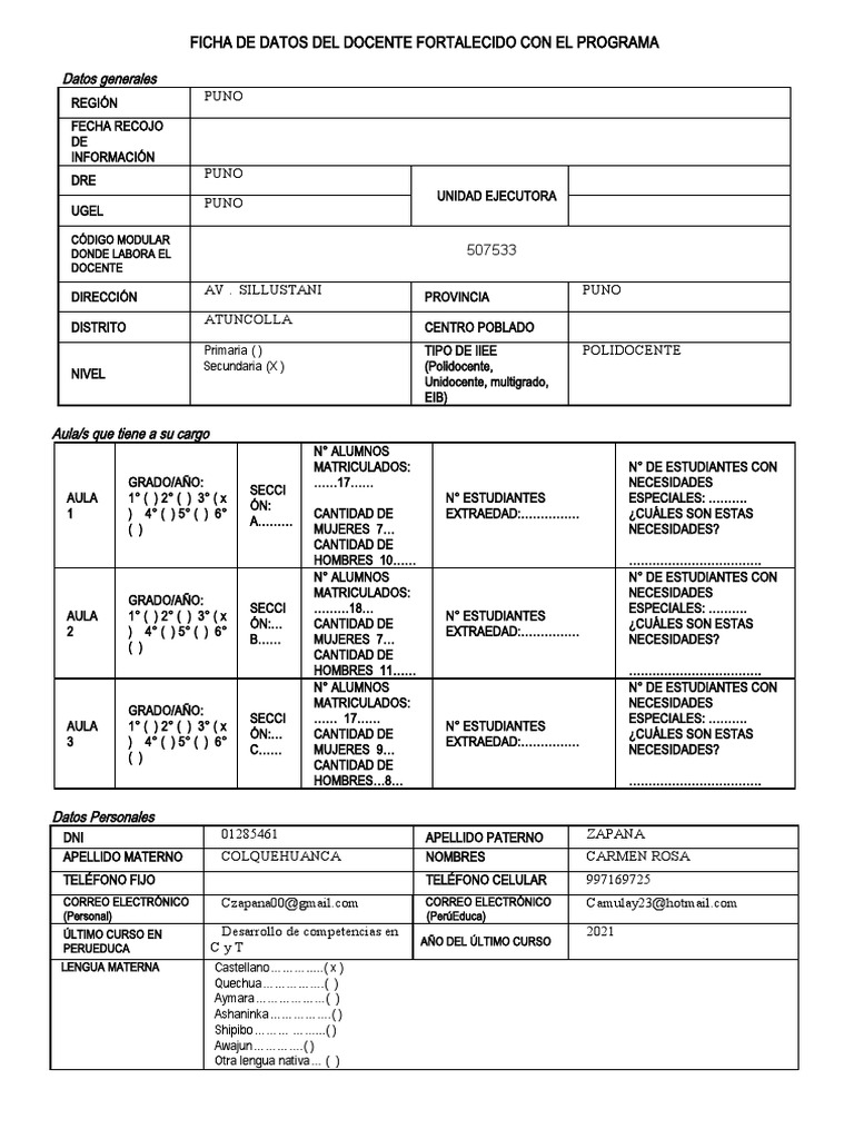 Ficha Datos de Docentes de La Profesora Leonor | PDF | Tableta | Salón ...
