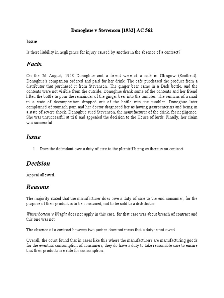 Facts.: Donoghue V Stevenson (1932) AC 562 | PDF | Negligence | Duty Of ...