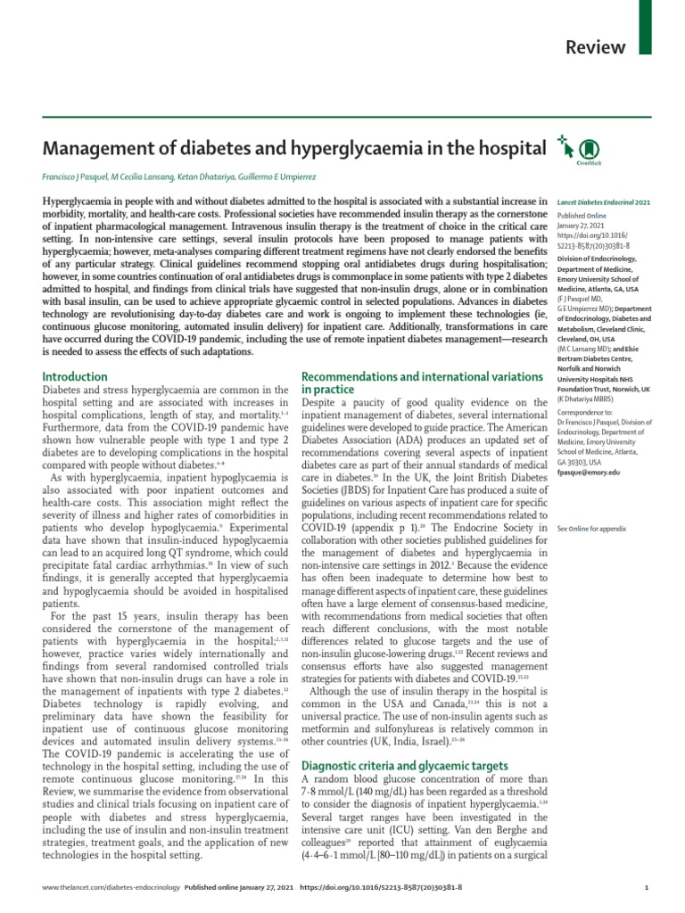 Management of Diabetes and Hyperglycaemia in The Hospital | PDF ...