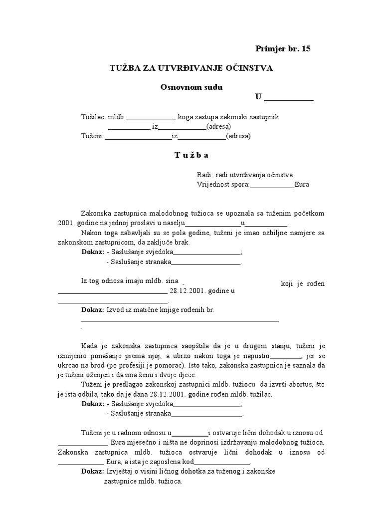 Tužba Za Utvrđivanje Očinstva | PDF